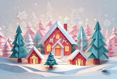 The primary subject of the image is a house with a snow-covered roof, surrounded by trees. The setting is a winter landscape with snow-covered ground and trees. The visual style is a combination of digital art and illustration, creating a realistic yet artistic representation of the scene. The colors and mood are predominantly white and cold, reflecting the winter season and the snow-covered environment.